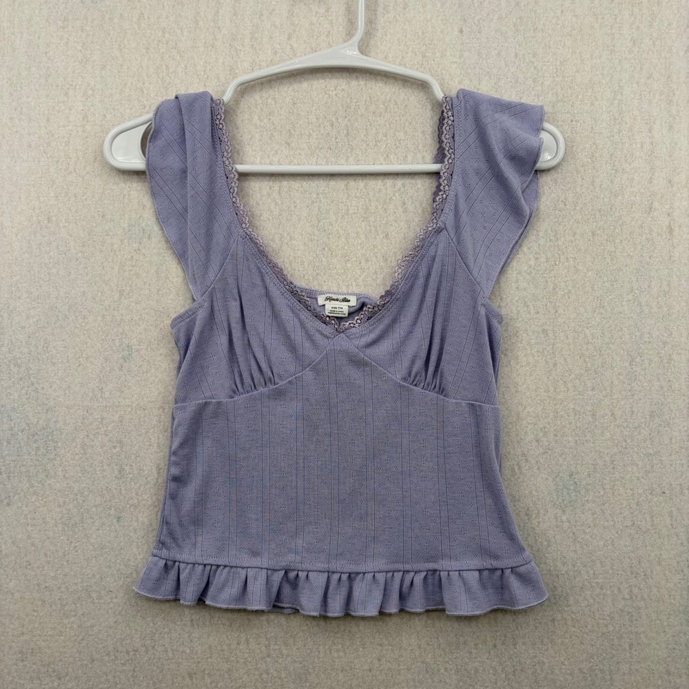 Kimchi Blue Lavender Pointelle Lace Trim Ruffle Sleeve Top XXS Purple